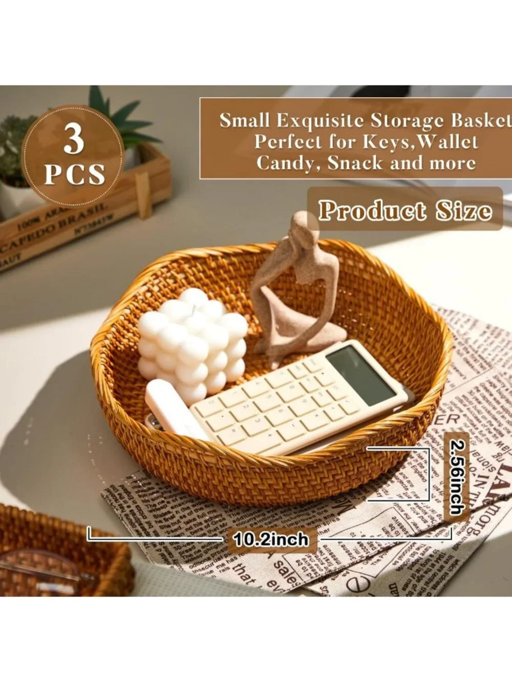 Set of 3 Scalloped Rattan Baskets - 10.2 Inch Round Wicker Bowls for Storage